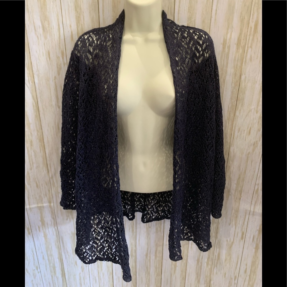 Eileen Fisher  Open Knit Crochet Linen Blue W/Silver Metallic Cardigan Size Med.